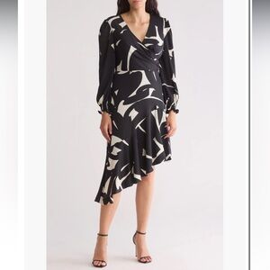 DKNY Women’s Black Eggshell Abstract Asymmetrical Hem Long Sleeve Dress